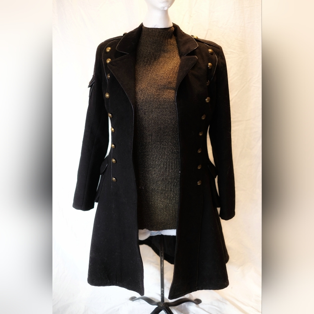 HellBunny Military Black Trench Coat w/ Glamorous Embellishments and Corset Back